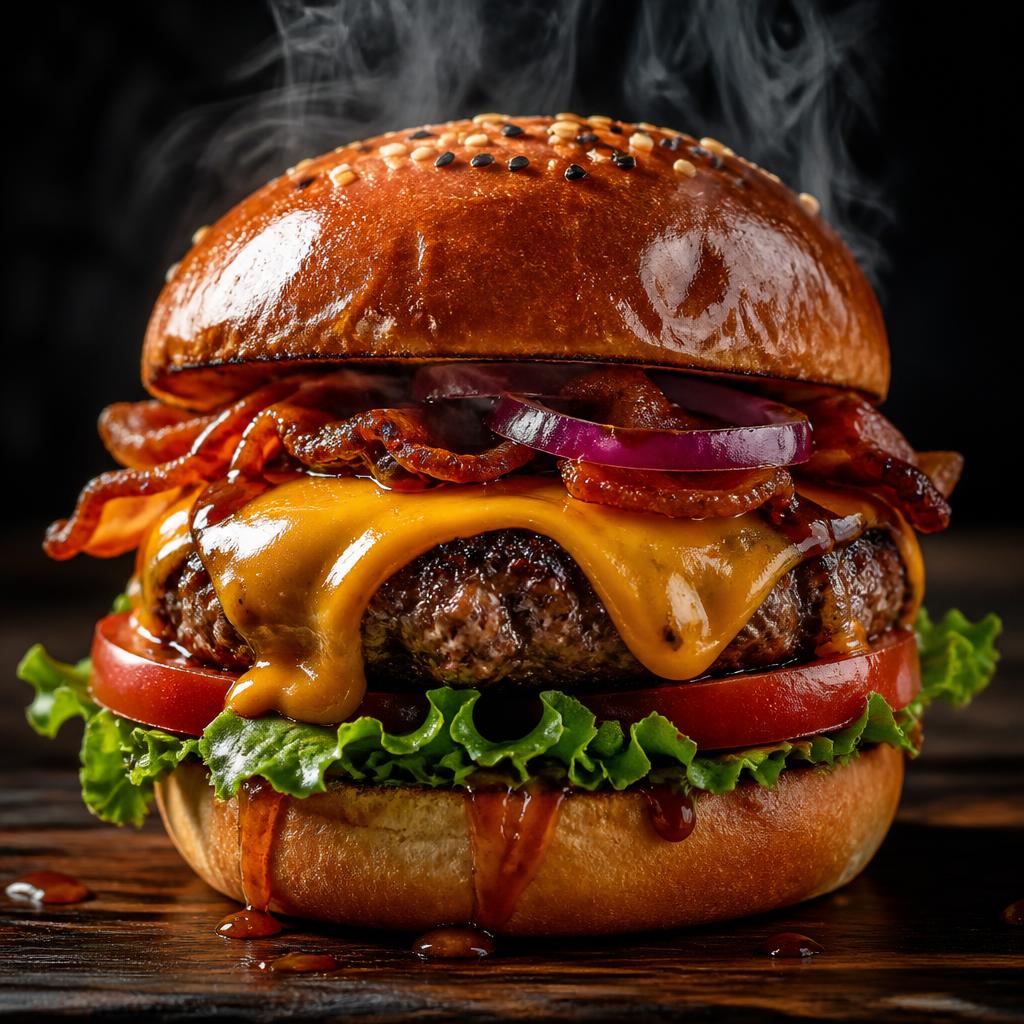 Hambúrguer artesanal suculento da Burger House com queijo cheddar derretido